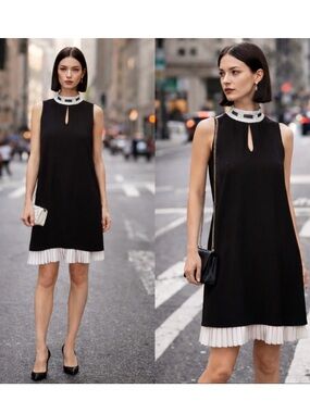 Nanette Lepore Black Keyhole Mock Neck Shift Dress Pleated Contrast Hem Sz 6💛